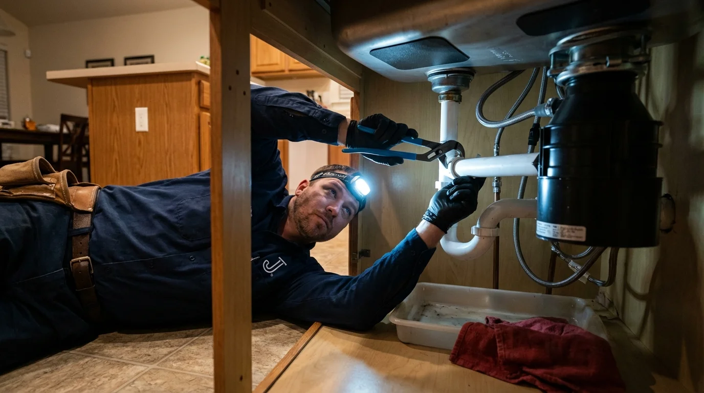 P-trap and supply line connections under a kitchen sink showing a common leak point in Mount Vernon, WA